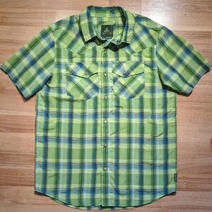 Prana Men's Plaid Short Sleeve Western Snap Shirt in Green and Blue